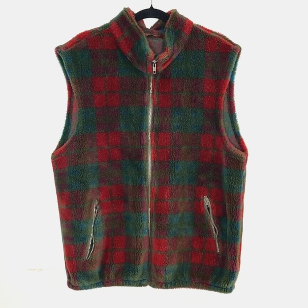 Tsunami Sport Fleece Zip Up Vest Womens XL Plaid Green/Red Cabincore‎ Outdoor